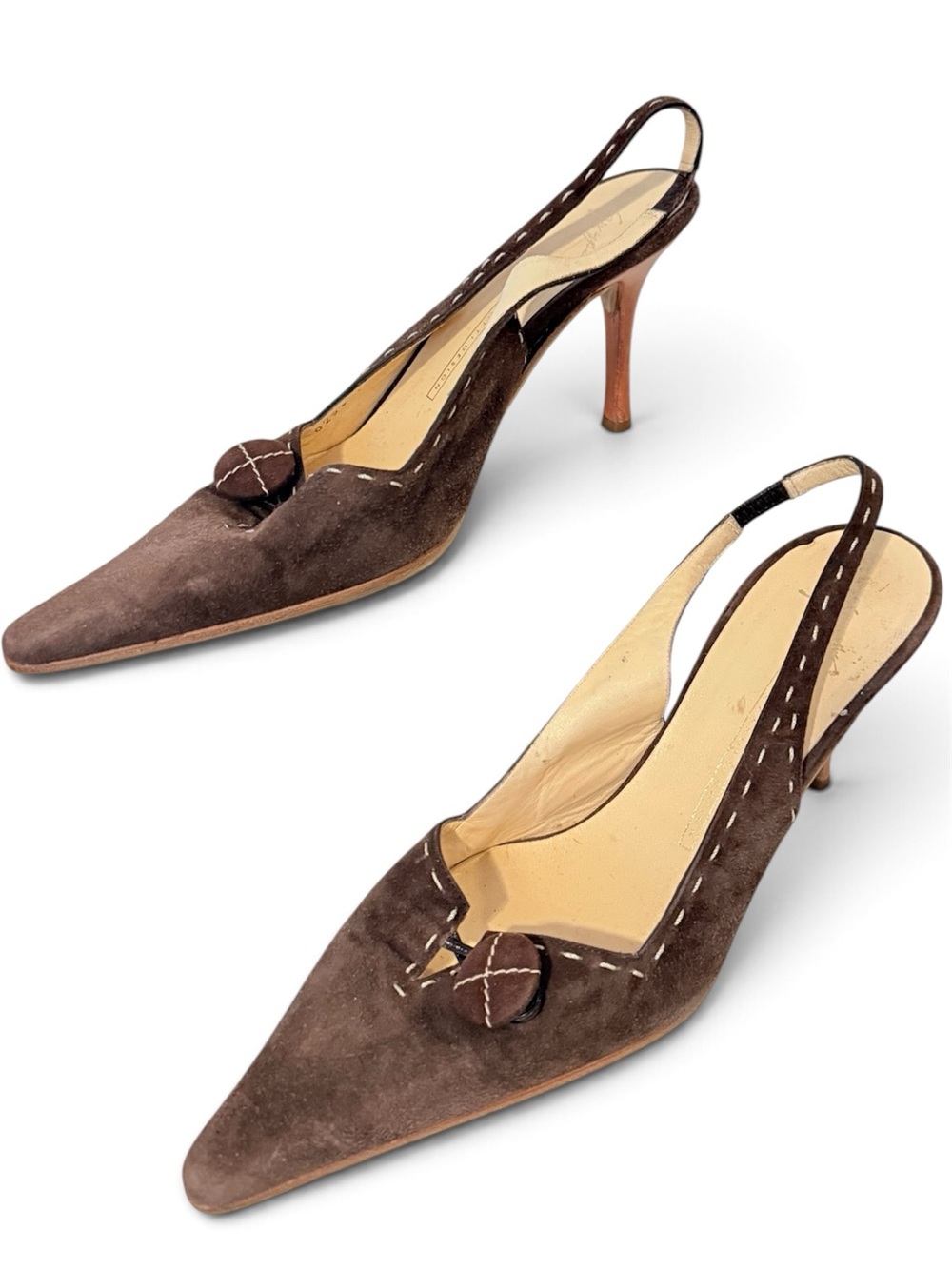 Giuseppe Zannoti Vintage Brown Suede Slingback Pointed Pumps Size 37.5